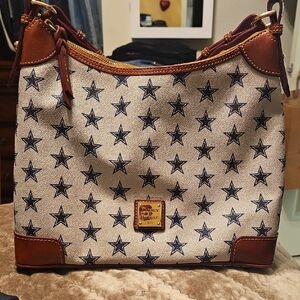 Dooney & Bourke Beige Star-Print Canvas Shoulder Bag with Brown Leather Trim